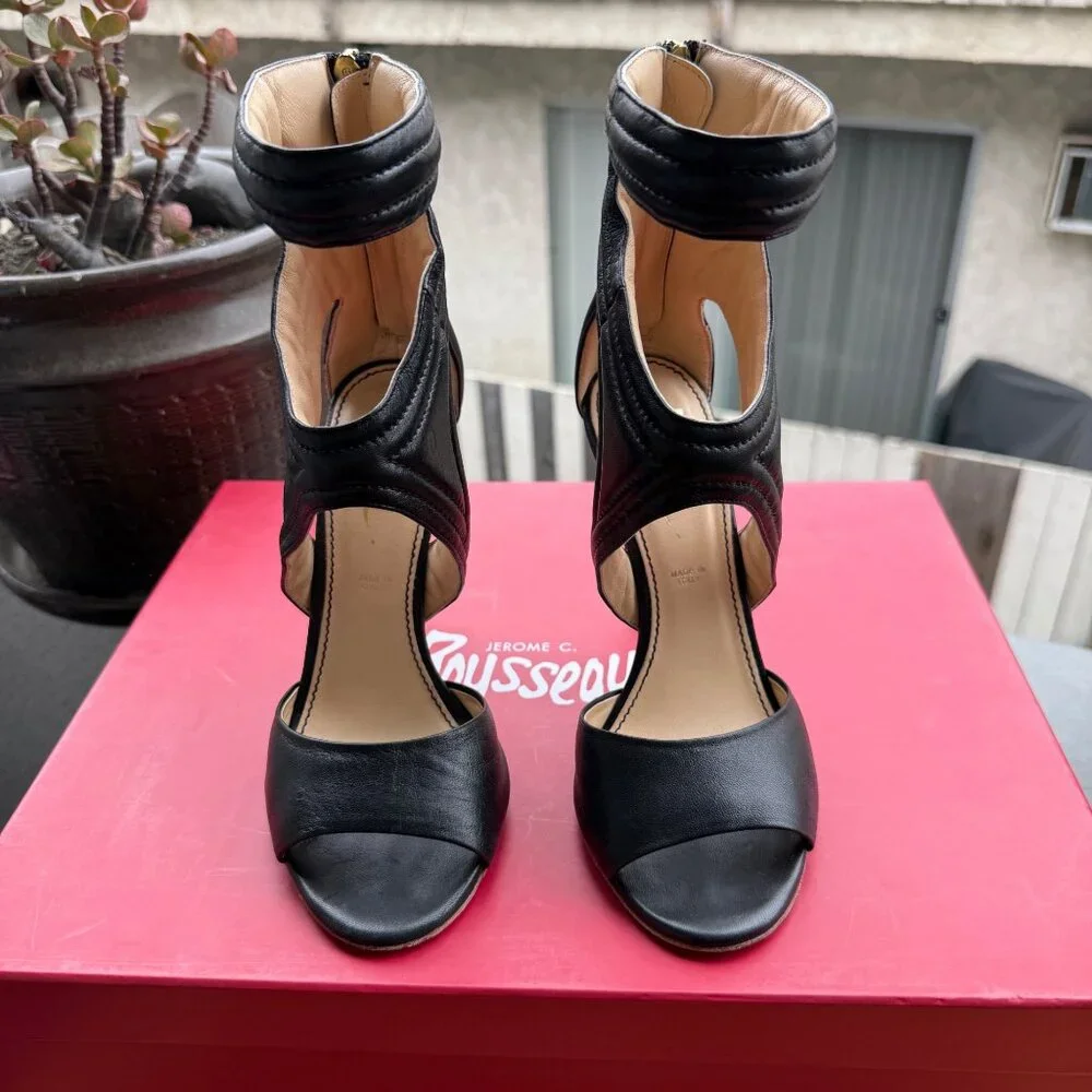 Jerome C. Rousseau Black Leather Cutout High Heel Sandals Size 36/5.5 Made In It - Picture 3 of 10